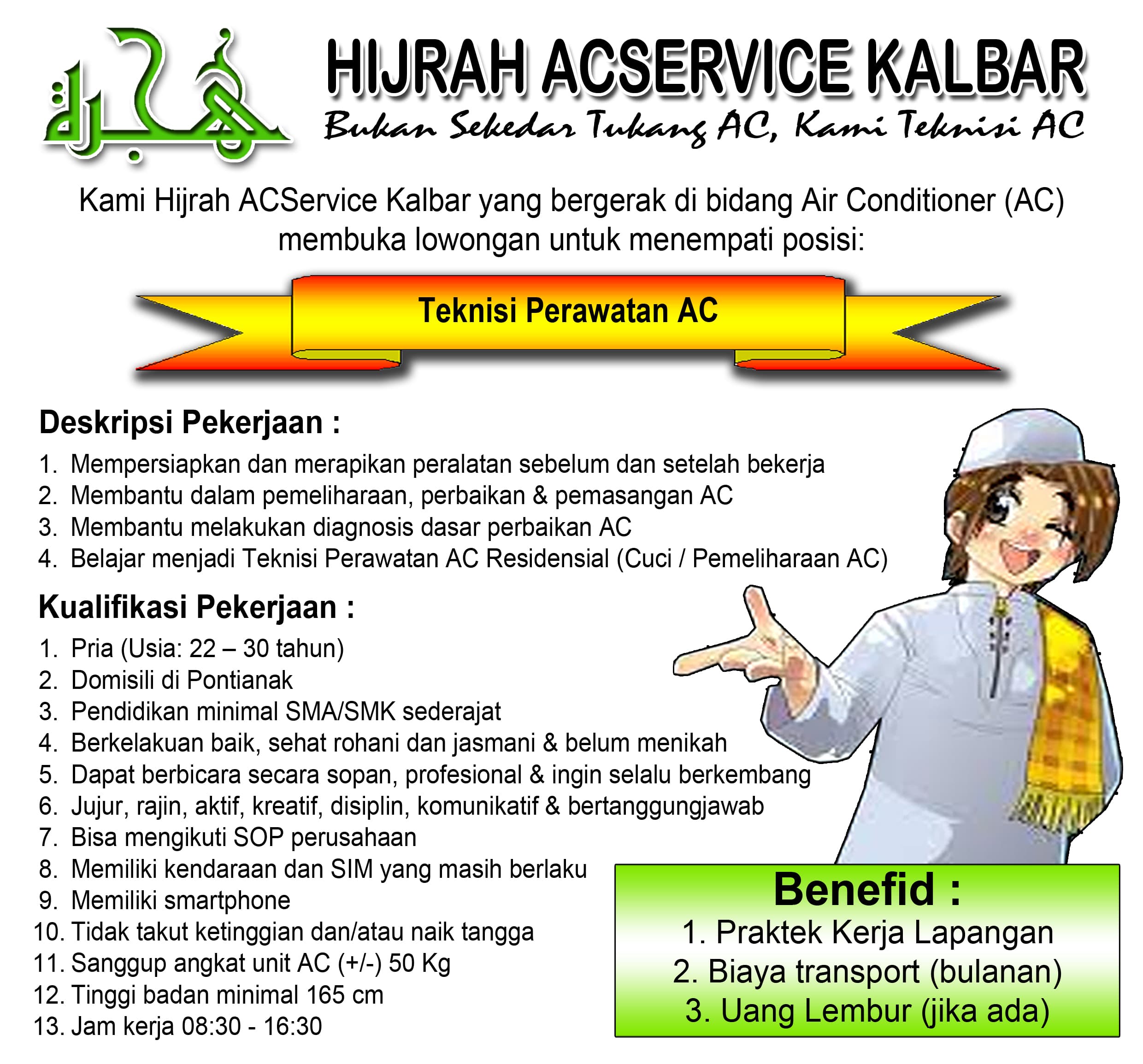 Flyer lowongan kerja Teknisi Perawatan AC di PT HIJRAH ACSERVICE KALBAR, Pontianak, Kalimantan Barat - Karir UNTAN bursa kerja Pontianak Kalimantan Barat