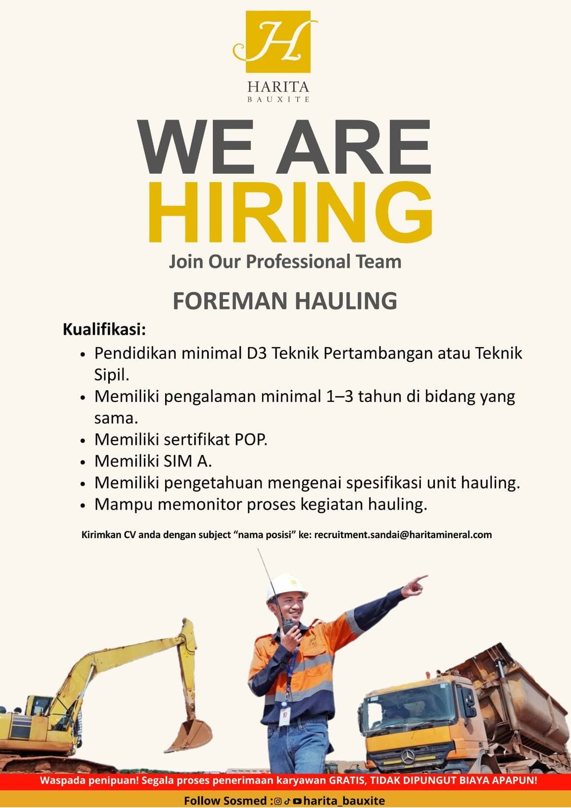 Flyer lowongan kerja FOREMAN HAULING di PT Cita Mineral Investindo Tbk, Sandai - Karir UNTAN bursa kerja Pontianak Kalimantan Barat