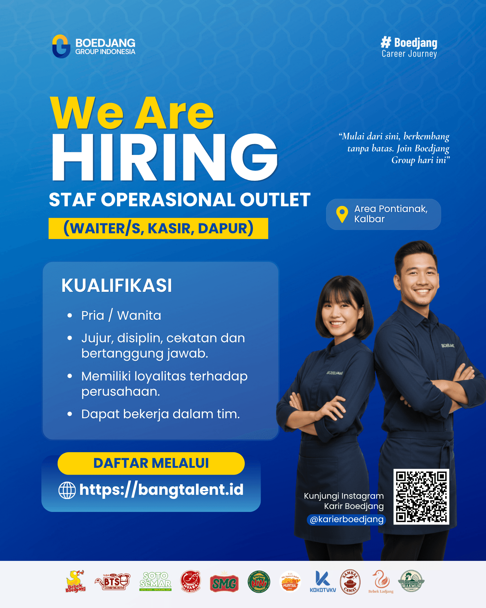 Flyer lowongan kerja Staff Operasional (Waiter/s, Kasir, Dapur) di Boedjang Group Indonesia, Pontianak, Kalimantan Barat - Karir UNTAN bursa kerja Pontianak Kalimantan Barat