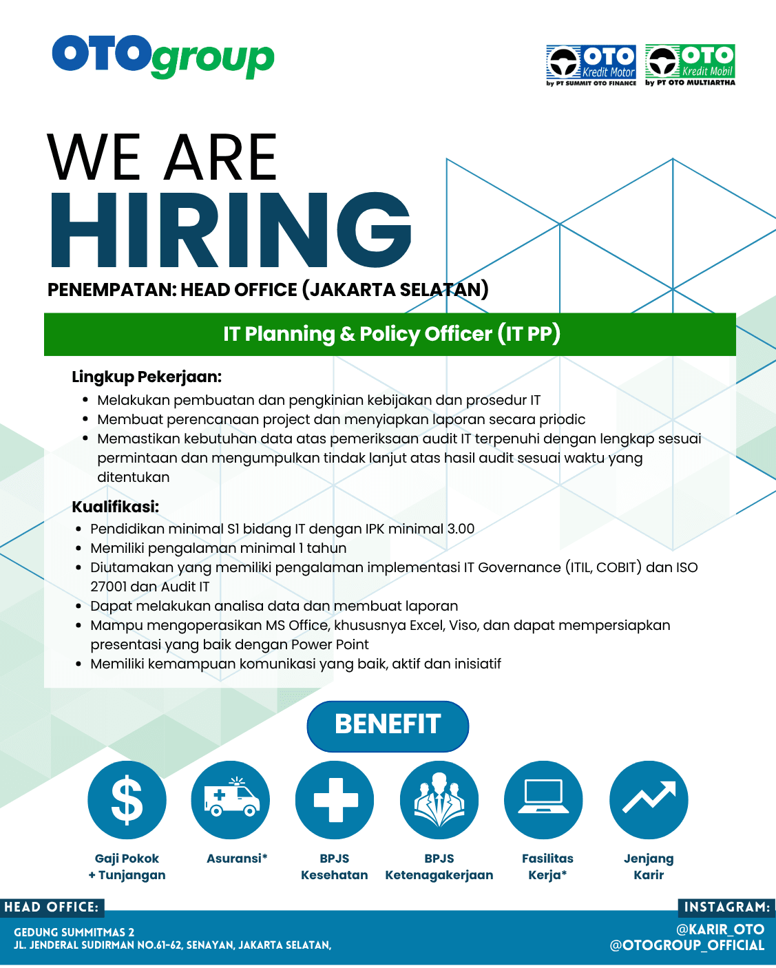 Flyer lowongan kerja IT Planning & Policy Officer (IT PP) di OTO Group, Jakarta Selatan, DKI Jakarta - Karir UNTAN bursa kerja Pontianak Kalimantan Barat
