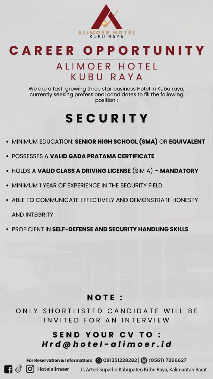Flyer lowongan kerja Security di PT CAHAYA KUBURAYA LESTARI, Kubu Raya - Kalimantan Barat - Karir UNTAN bursa kerja Pontianak Kalimantan Barat