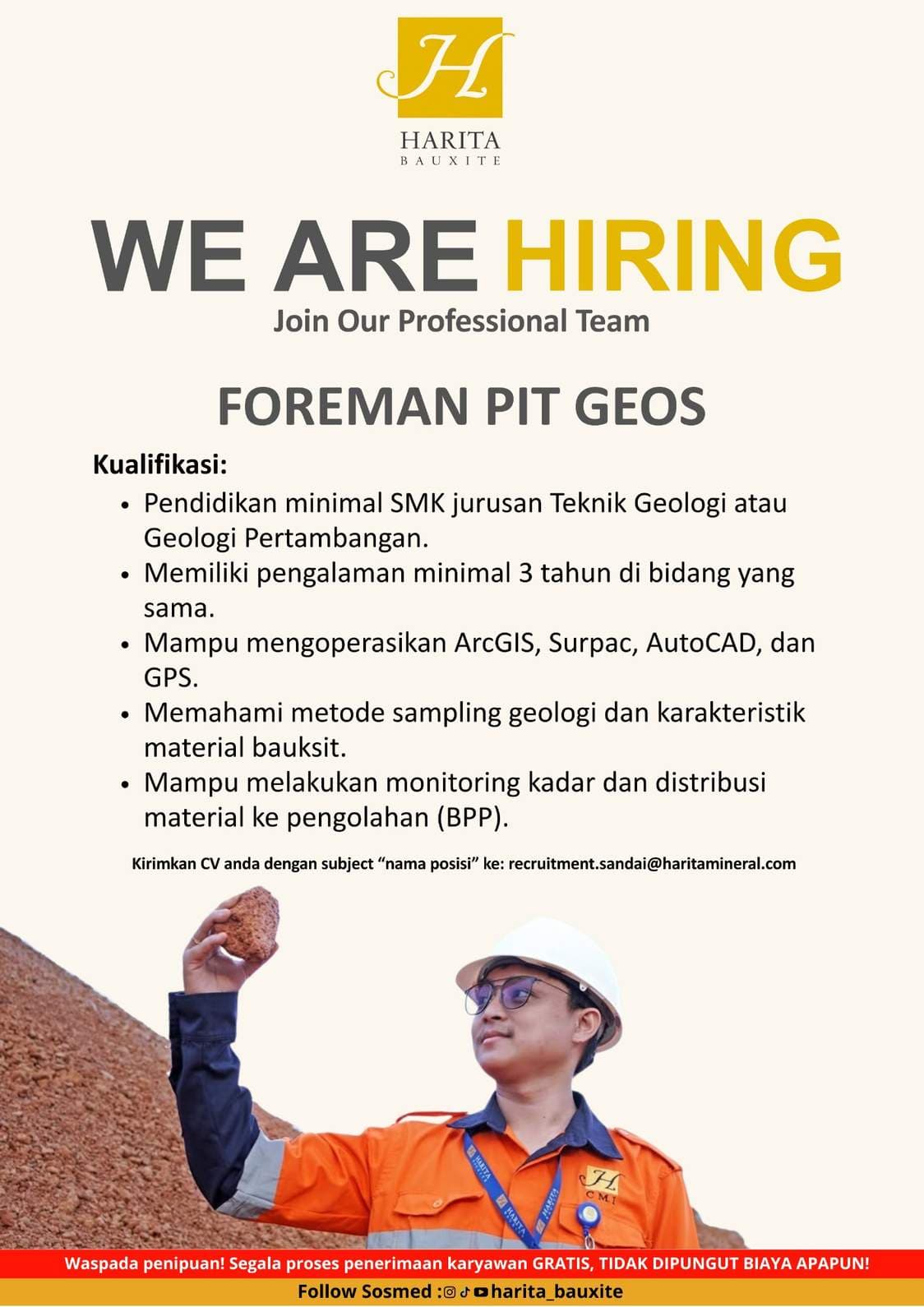 Flyer lowongan kerja FOREMAN PIT GEOS di PT Cita Mineral Investindo Tbk, Sandai - Karir UNTAN bursa kerja Pontianak Kalimantan Barat