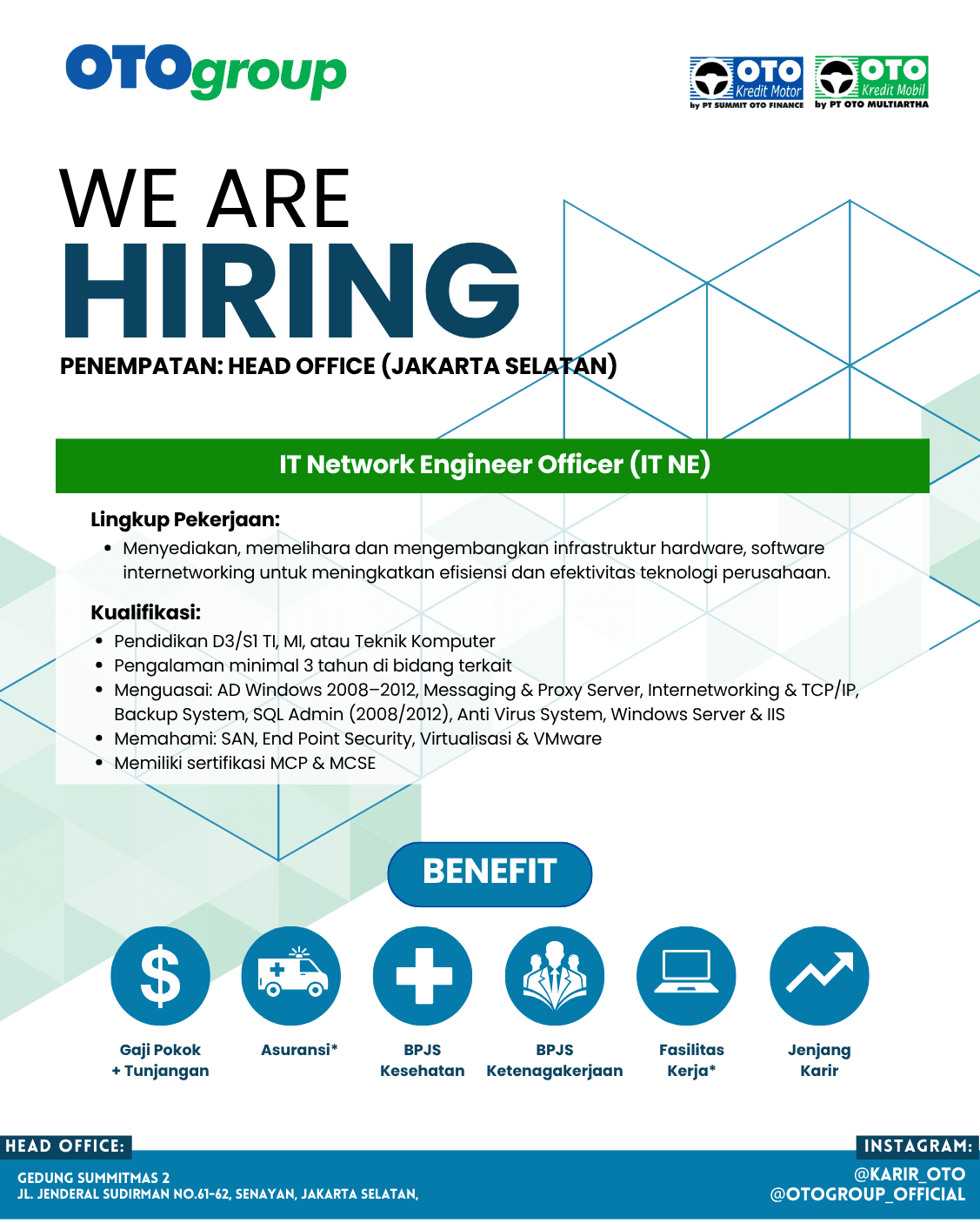 Flyer lowongan kerja IT Network Engineer Officer (IT NE) di OTO Group, Jakarta Selatan, DKI Jakarta - Karir UNTAN bursa kerja Pontianak Kalimantan Barat