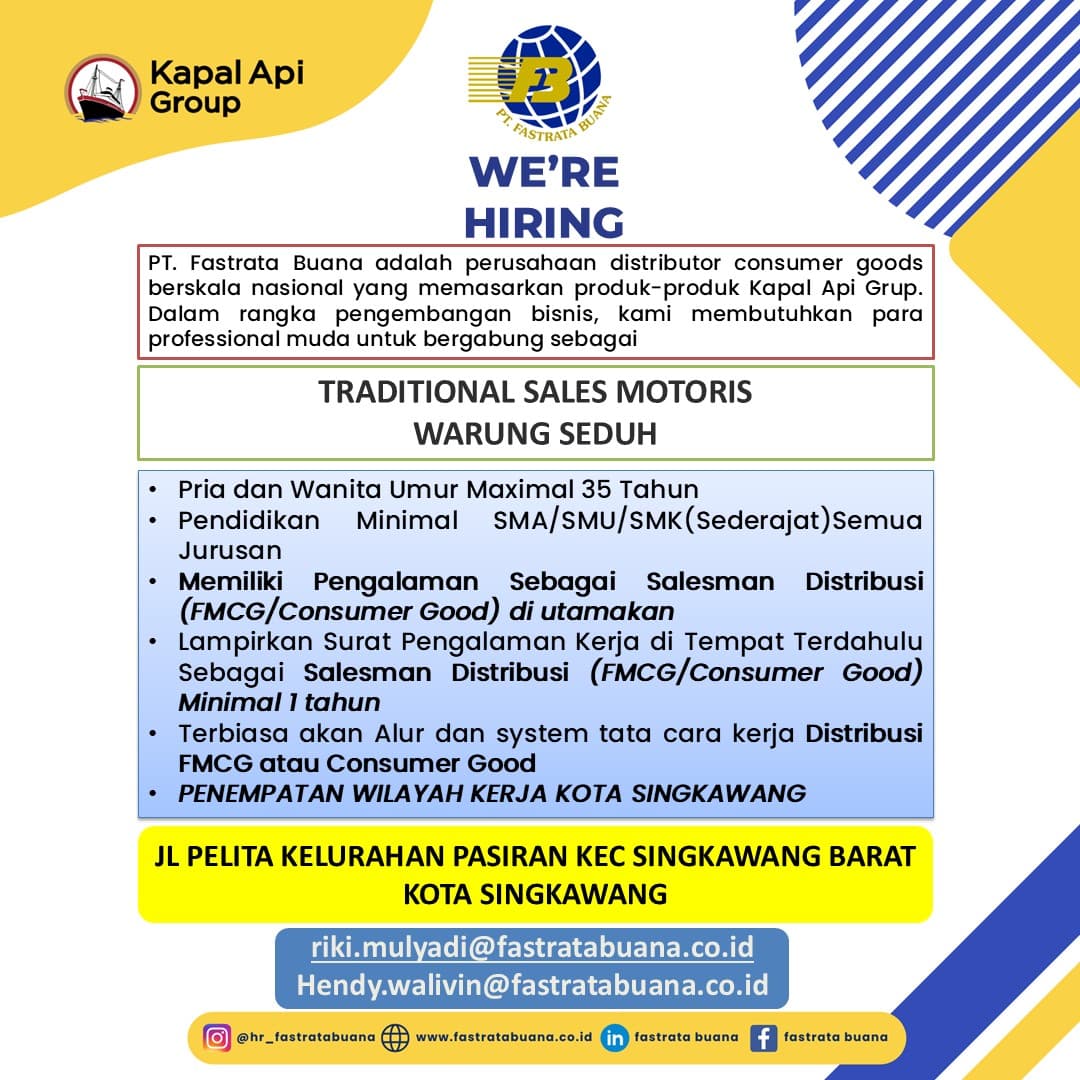 Flyer lowongan kerja SALES MOTORIS di PT FASTRATA BUANA, KOTA SINGKAWANG - Karir UNTAN bursa kerja Pontianak Kalimantan Barat