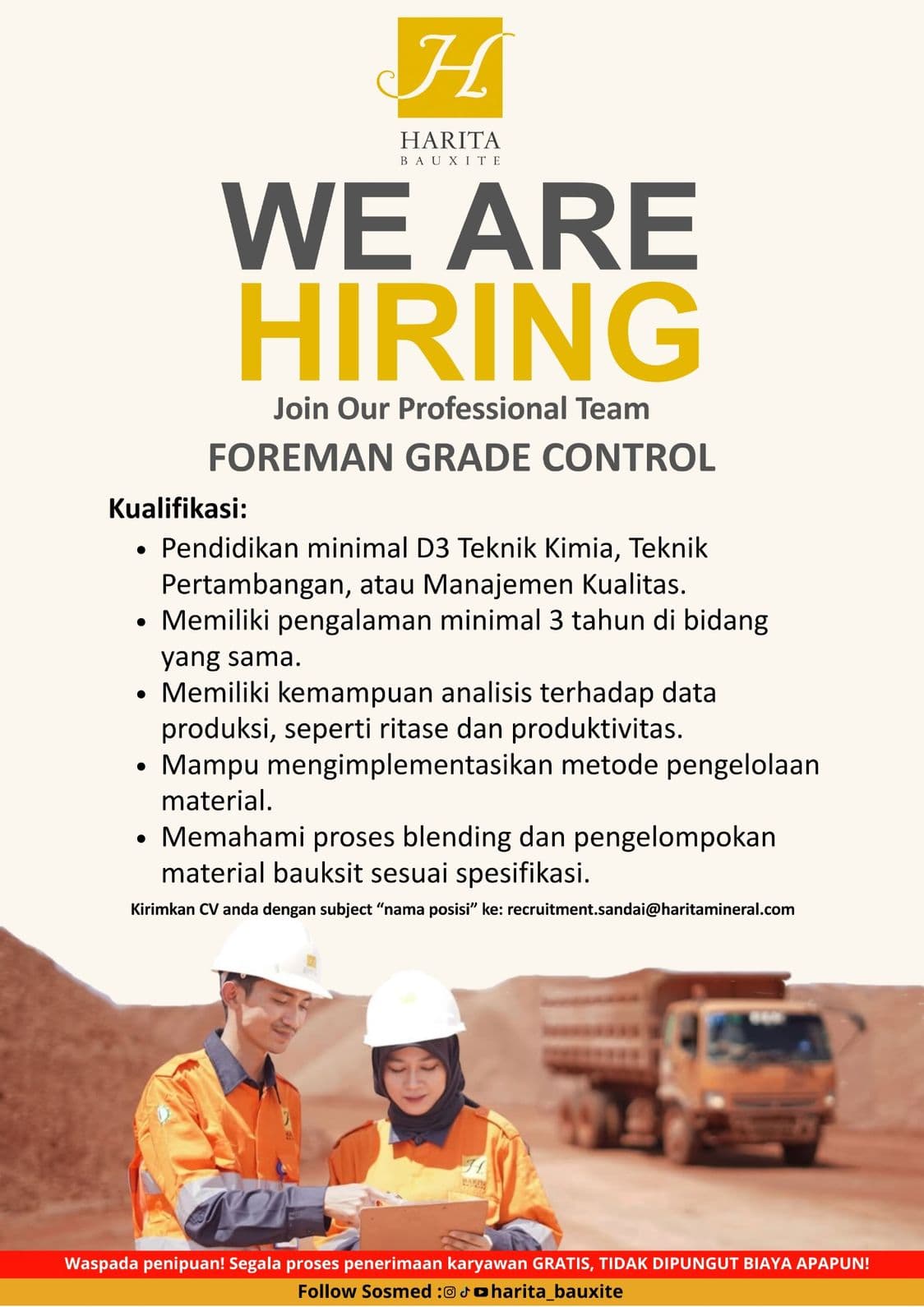 Flyer lowongan kerja FOREMAN GRADE CONTROL di PT Cita Mineral Investindo Tbk, Sandai - Karir UNTAN bursa kerja Pontianak Kalimantan Barat