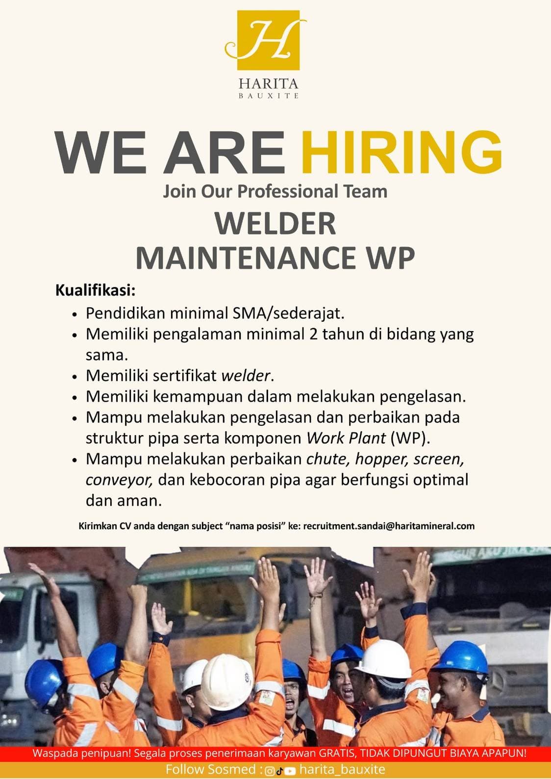 Flyer lowongan kerja WELDER MAINTENANCE WP di PT Cita Mineral Investindo Tbk, Sandai - Karir UNTAN bursa kerja Pontianak Kalimantan Barat