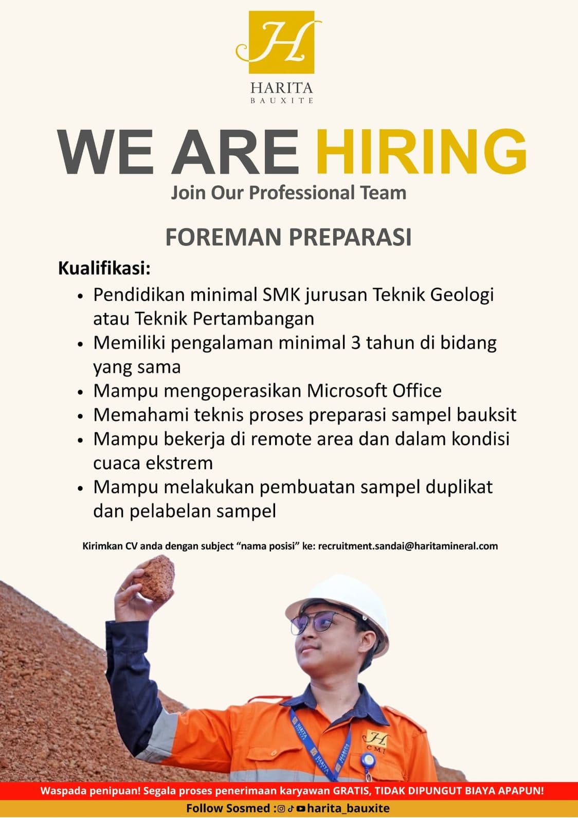 Flyer lowongan kerja FOREMAN PREPARASI di PT Cita Mineral Investindo Tbk, Sandai - Karir UNTAN bursa kerja Pontianak Kalimantan Barat