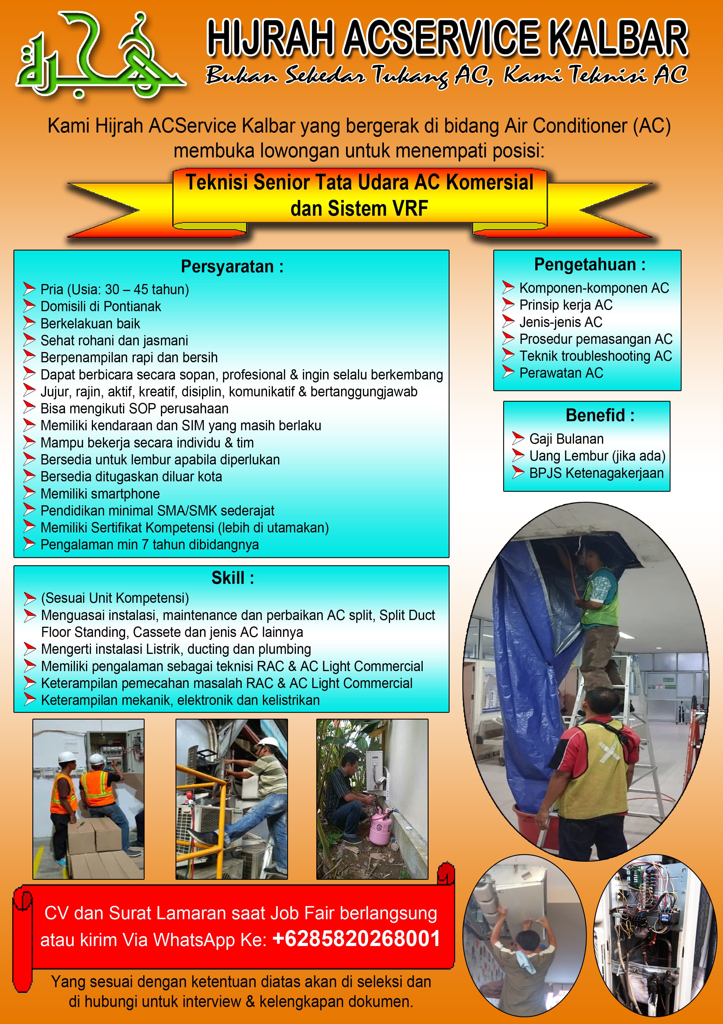 Flyer lowongan kerja Teknisi Senior Tata Udara AC Komersial dan Sistem VRF di PT HIJRAH ACSERVICE KALBAR, Pontianak, Kalimantan Barat - Karir UNTAN bursa kerja Pontianak Kalimantan Barat