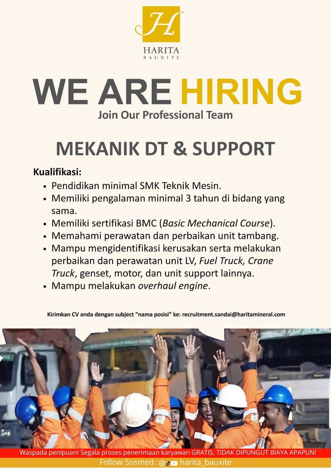 Flyer lowongan kerja MEKANIK DT & SUPPORT di PT Cita Mineral Investindo Tbk, Sandai - Karir UNTAN bursa kerja Pontianak Kalimantan Barat