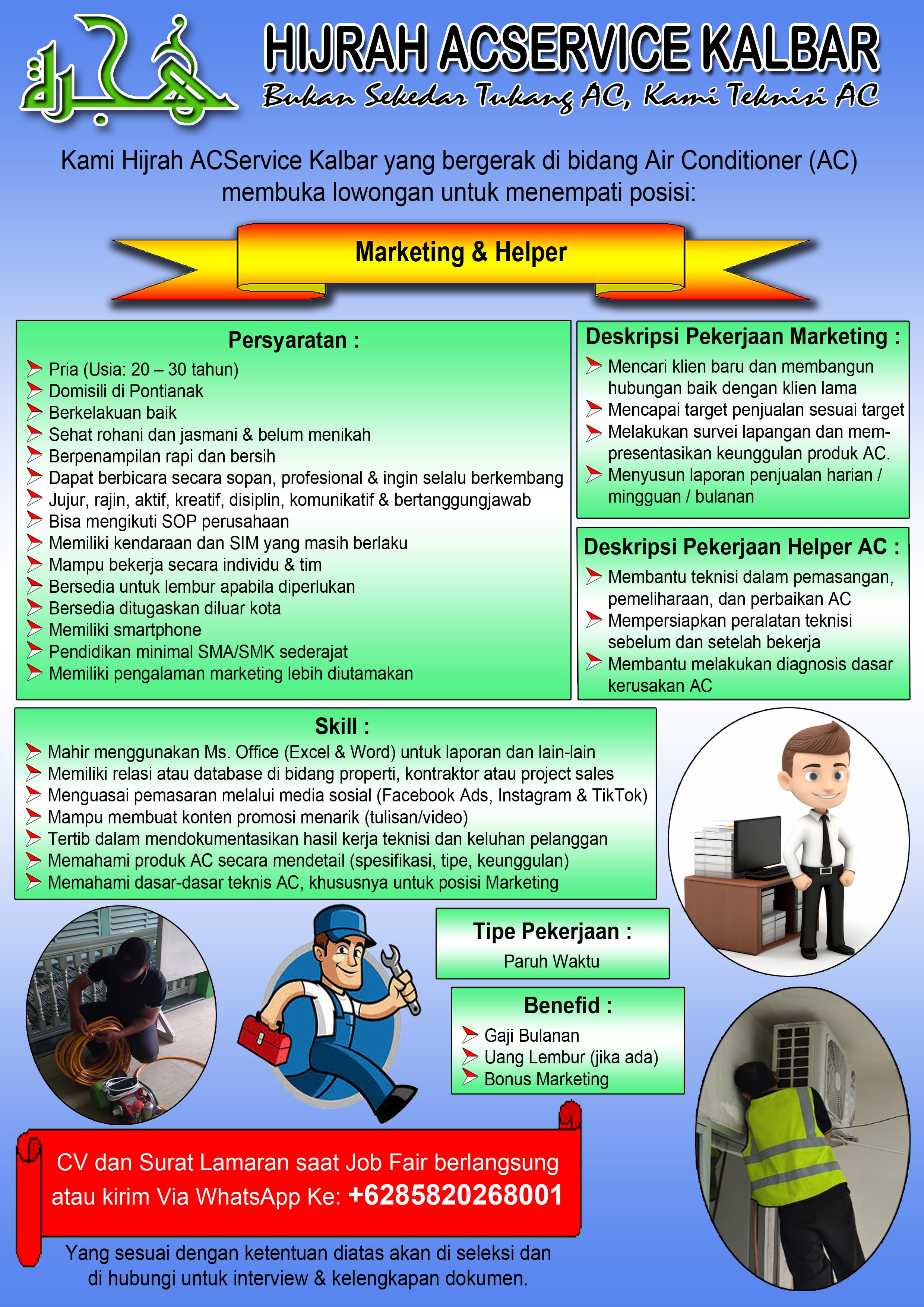 Flyer lowongan kerja Marketing & Helper di PT HIJRAH ACSERVICE KALBAR, Pontianak, Kalimantan Barat - Karir UNTAN bursa kerja Pontianak Kalimantan Barat