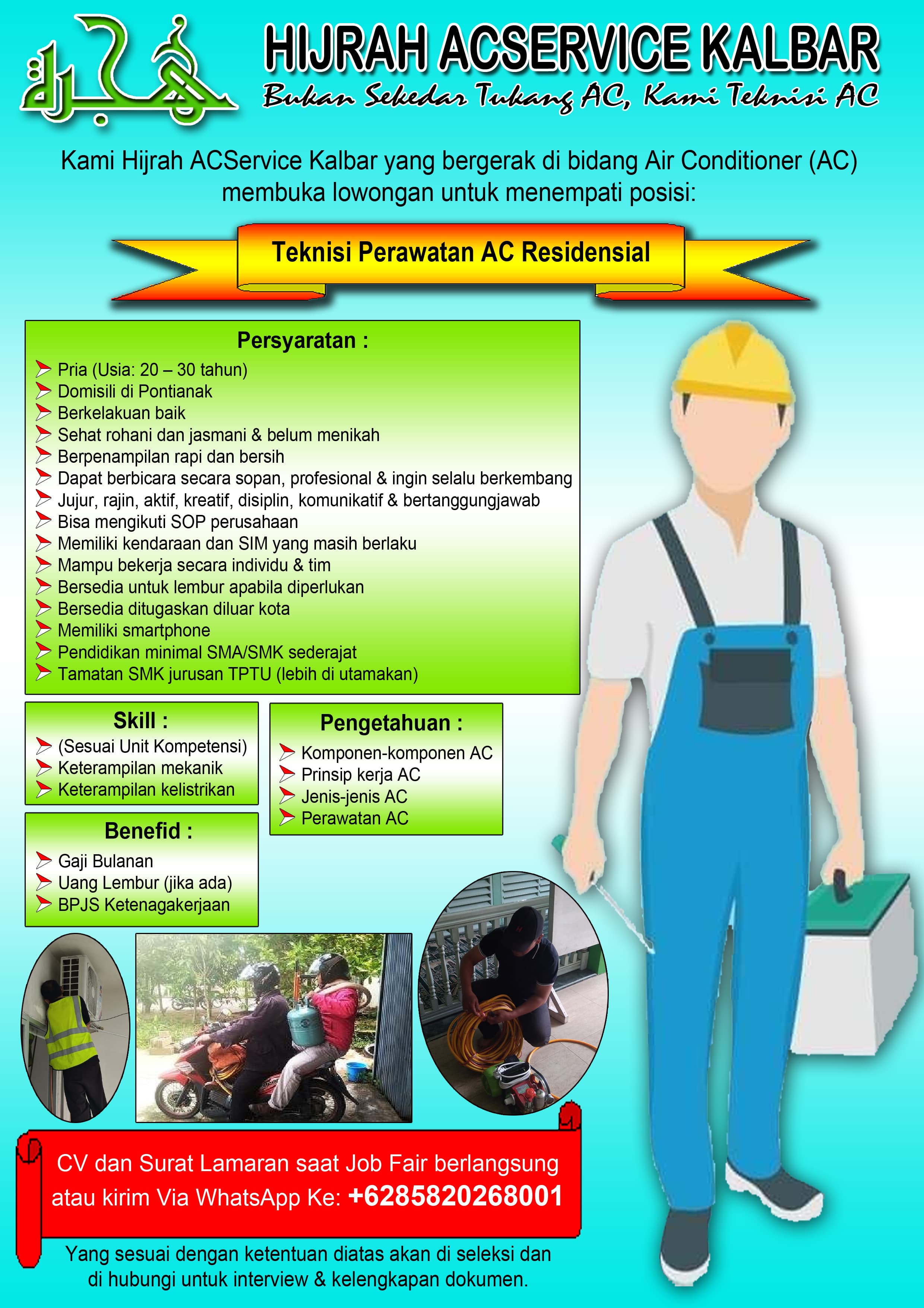 Flyer lowongan kerja Teknisi Perawatan AC Residensial di PT HIJRAH ACSERVICE KALBAR, Pontianak, Kalimantan Barat - Karir UNTAN bursa kerja Pontianak Kalimantan Barat