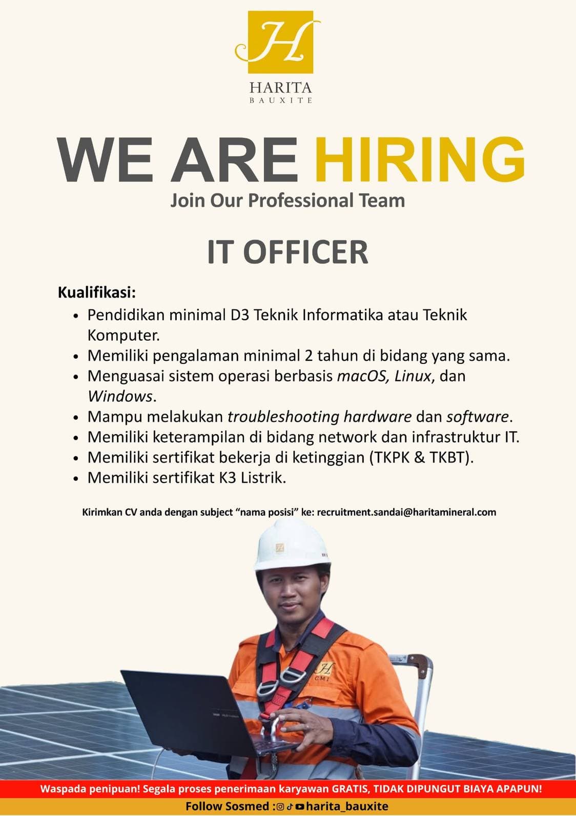 Flyer lowongan kerja IT OFFICER di PT Cita Mineral Investindo Tbk, Sandai - Karir UNTAN bursa kerja Pontianak Kalimantan Barat