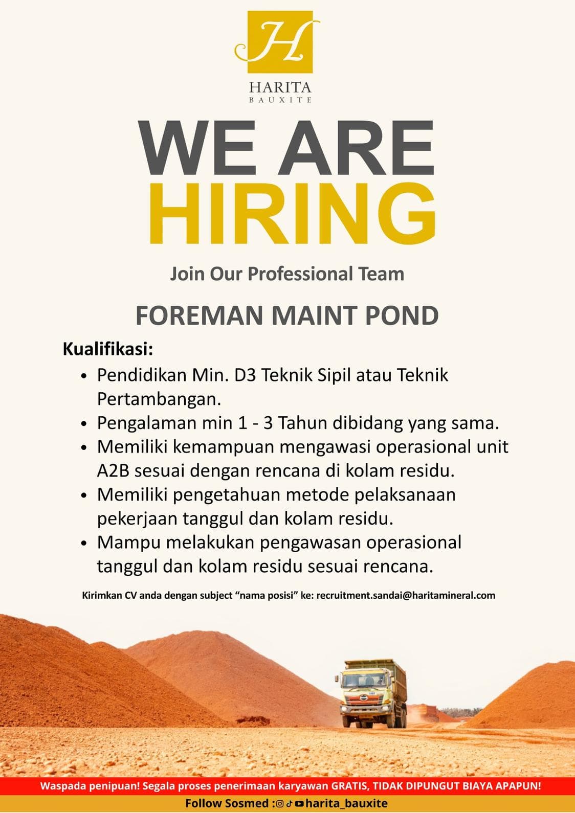 Flyer lowongan kerja FOREMAN MAINTENANCE POND di PT Cita Mineral Investindo Tbk, Sandai - Karir UNTAN bursa kerja Pontianak Kalimantan Barat