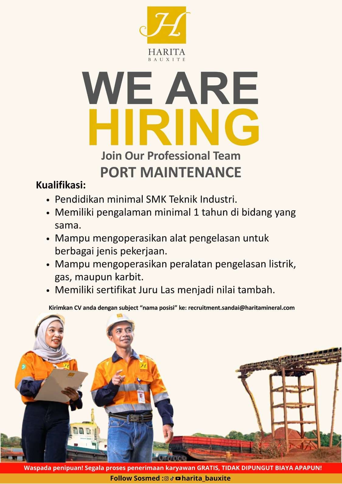 Flyer lowongan kerja PORT MAINTENANCE di PT Cita Mineral Investindo Tbk, Sandai - Karir UNTAN bursa kerja Pontianak Kalimantan Barat