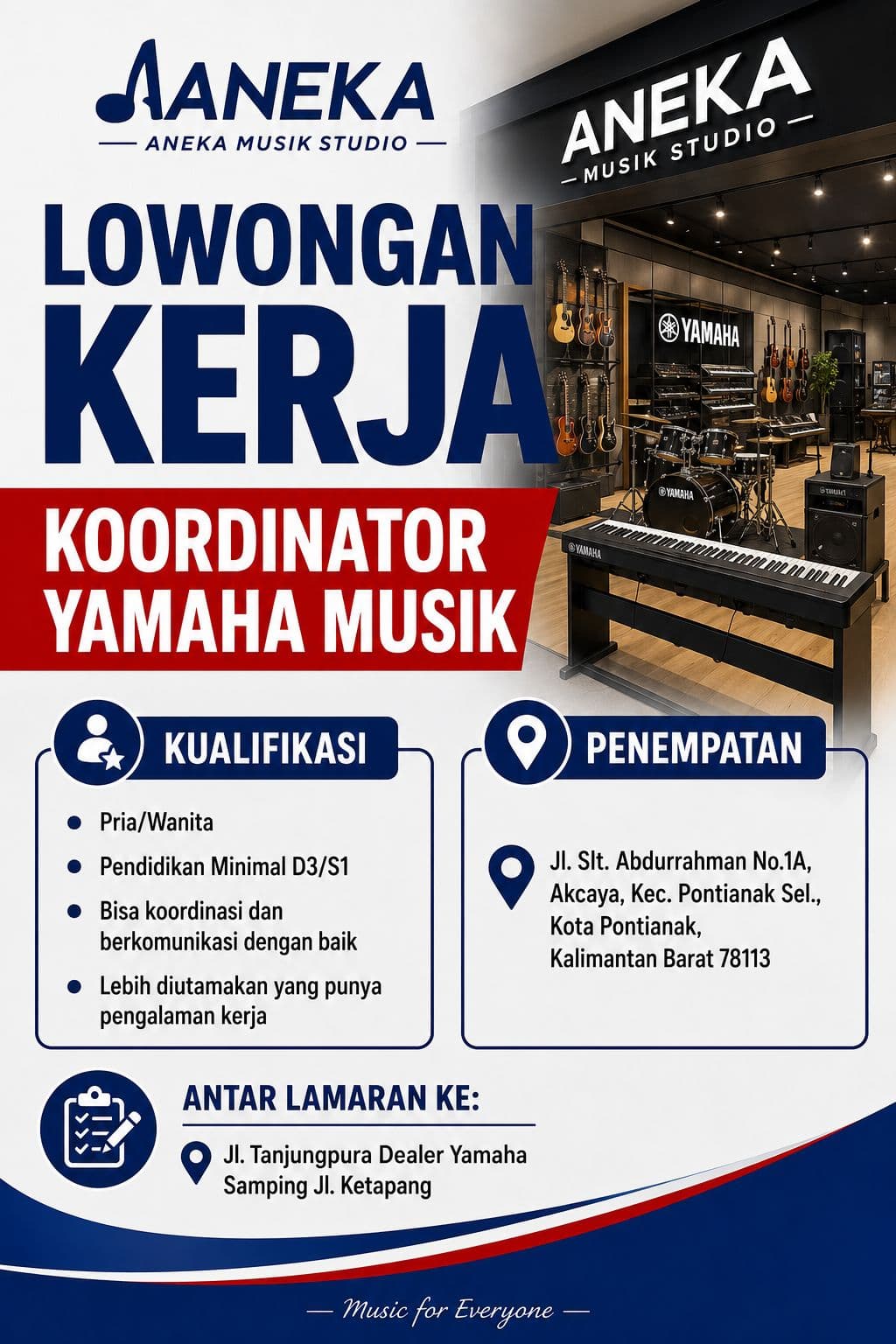 Flyer lowongan kerja Koordinator Sales Yamaha Musik di PT Aneka Makmur Sejahtera, Pontianak - Karir UNTAN bursa kerja Pontianak Kalimantan Barat