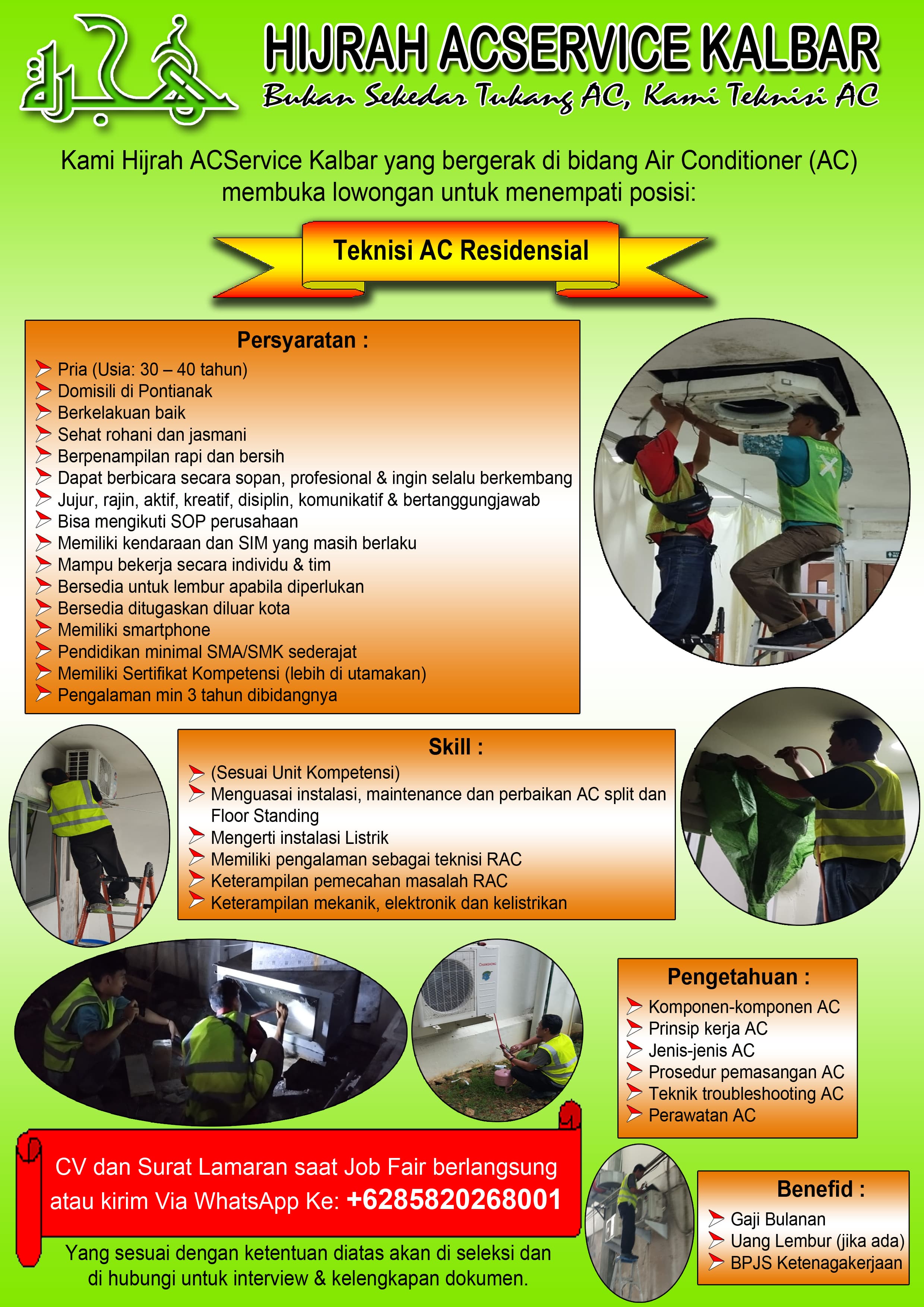 Flyer lowongan kerja Teknisi AC Residensial di PT HIJRAH ACSERVICE KALBAR, Pontianak, Kalimantan Barat - Karir UNTAN bursa kerja Pontianak Kalimantan Barat