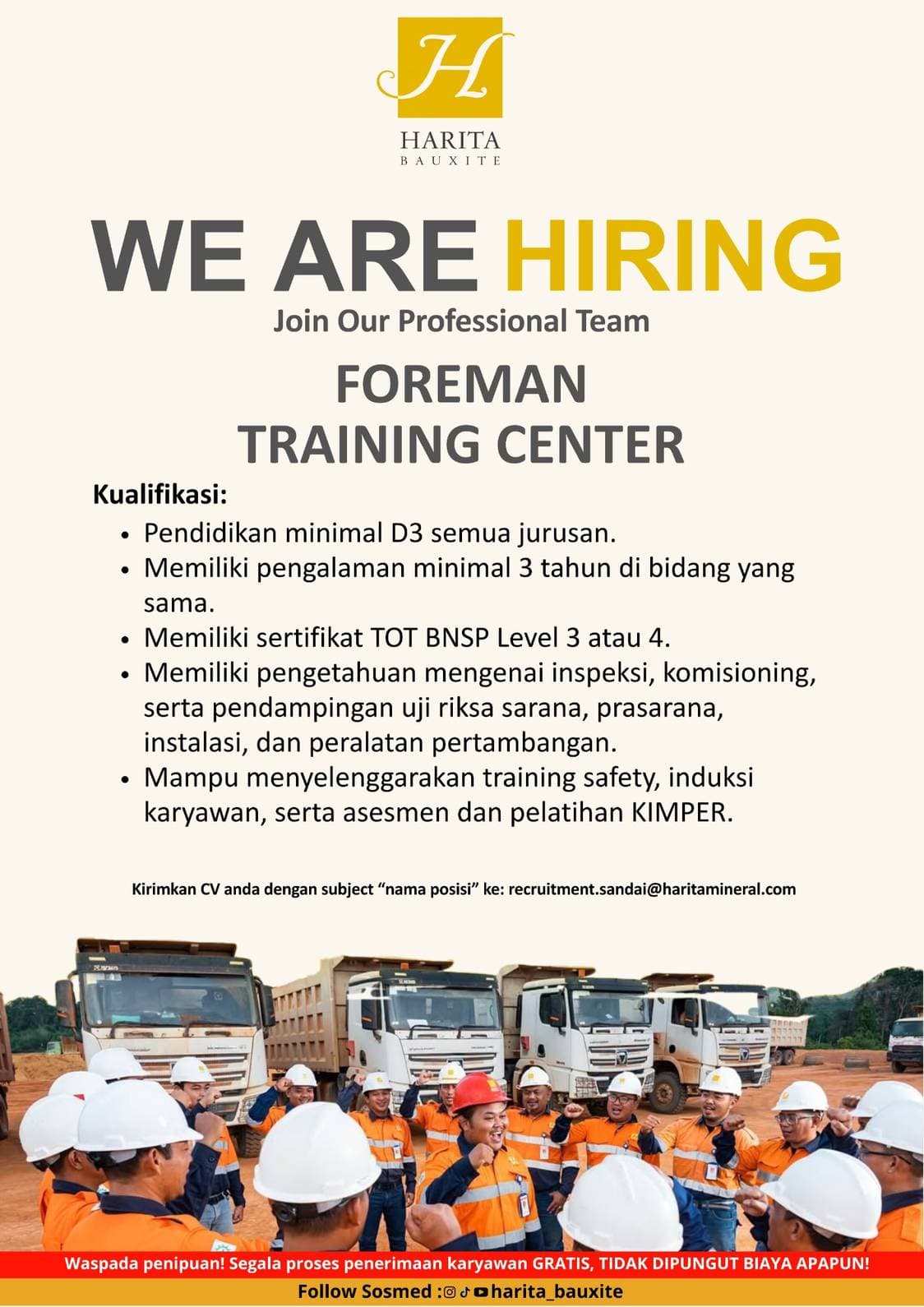 Flyer lowongan kerja FOREMAN TRAINING CENTER di PT Cita Mineral Investindo Tbk, Sandai - Karir UNTAN bursa kerja Pontianak Kalimantan Barat