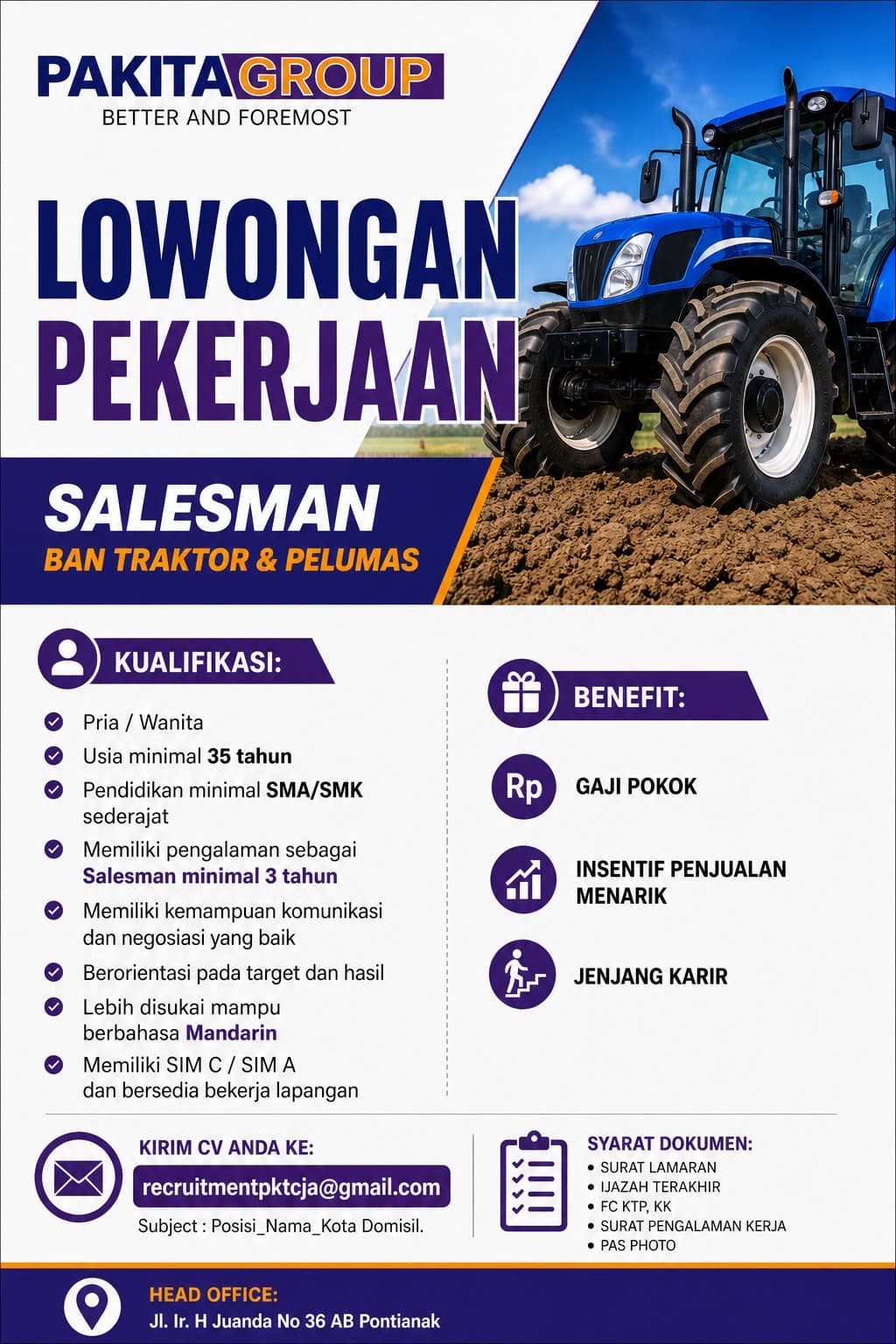 Flyer lowongan kerja Sales Ban Traktor & Pelumas di PT Pakita Jaya, Pontianak - Karir UNTAN bursa kerja Pontianak Kalimantan Barat