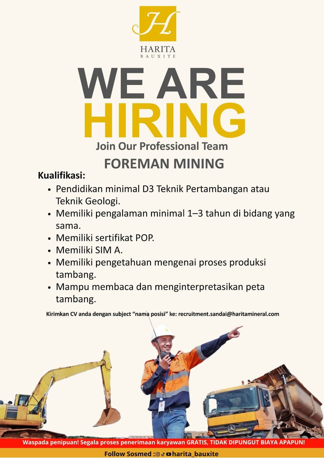 Flyer lowongan kerja FOREMAN MINING di PT Cita Mineral Investindo Tbk, Sandai - Karir UNTAN bursa kerja Pontianak Kalimantan Barat
