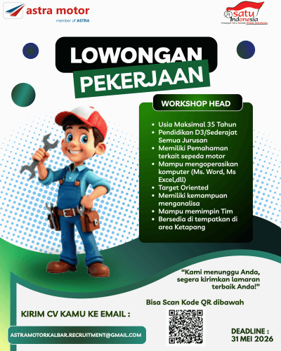 Flyer lowongan kerja Workshop Head di PT. Astra International Tbk-Honda ( Astra Motor), Kab. Ketapang - Karir UNTAN bursa kerja Pontianak Kalimantan Barat