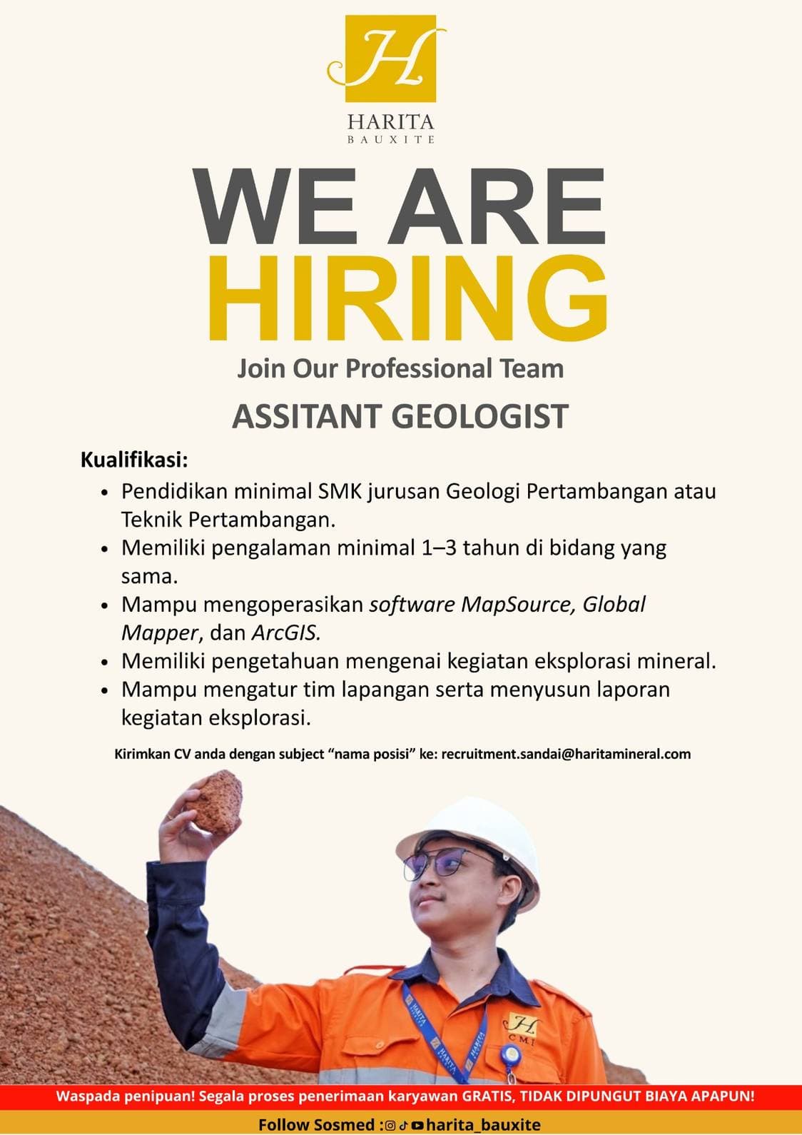 Flyer lowongan kerja ASSISTANT GEOLOGIST di PT Cita Mineral Investindo Tbk, Sandai - Karir UNTAN bursa kerja Pontianak Kalimantan Barat
