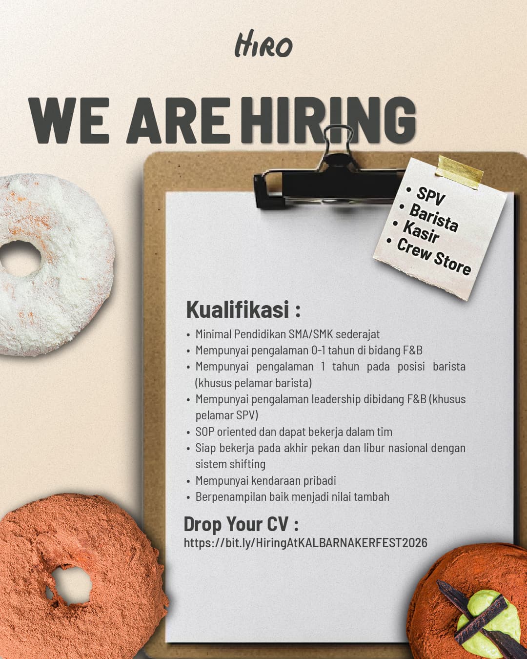 Flyer Hiro Donuts and Coffee (SPV, Kasir, Barista, Crewstore)
