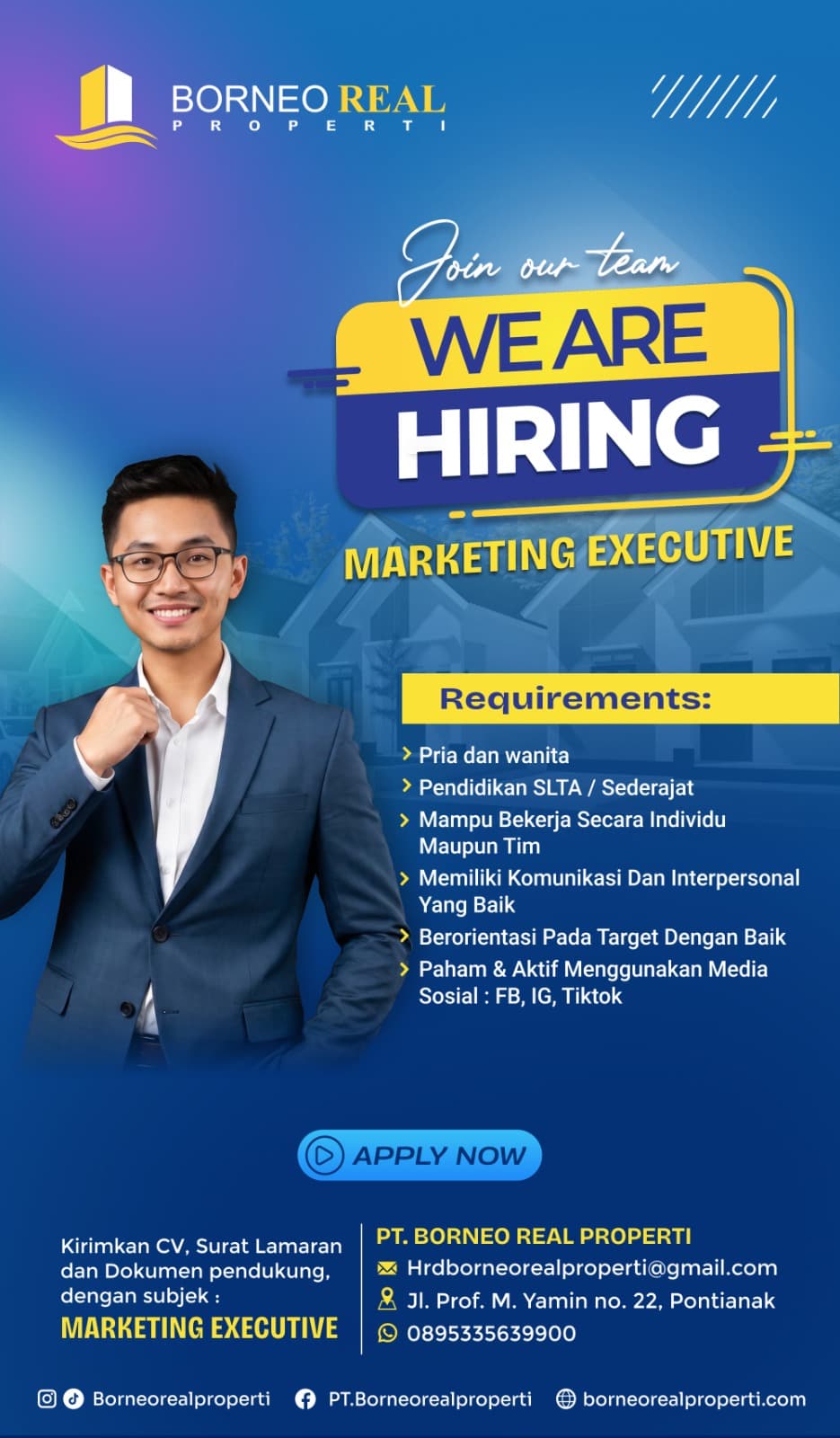 Flyer lowongan kerja Marketing Executive di PT. Borneo Real Properti, Kota Pontianak - Karir UNTAN bursa kerja Pontianak Kalimantan Barat