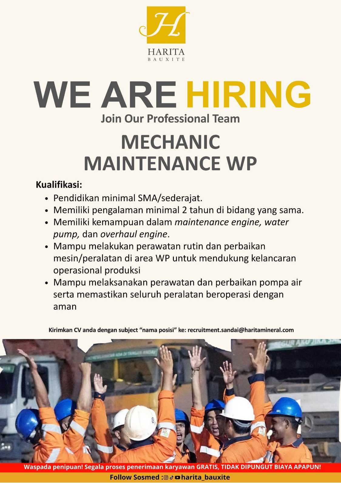 Flyer lowongan kerja MECHANIC MAINTENANCE WP di PT Cita Mineral Investindo Tbk, Sandai - Karir UNTAN bursa kerja Pontianak Kalimantan Barat