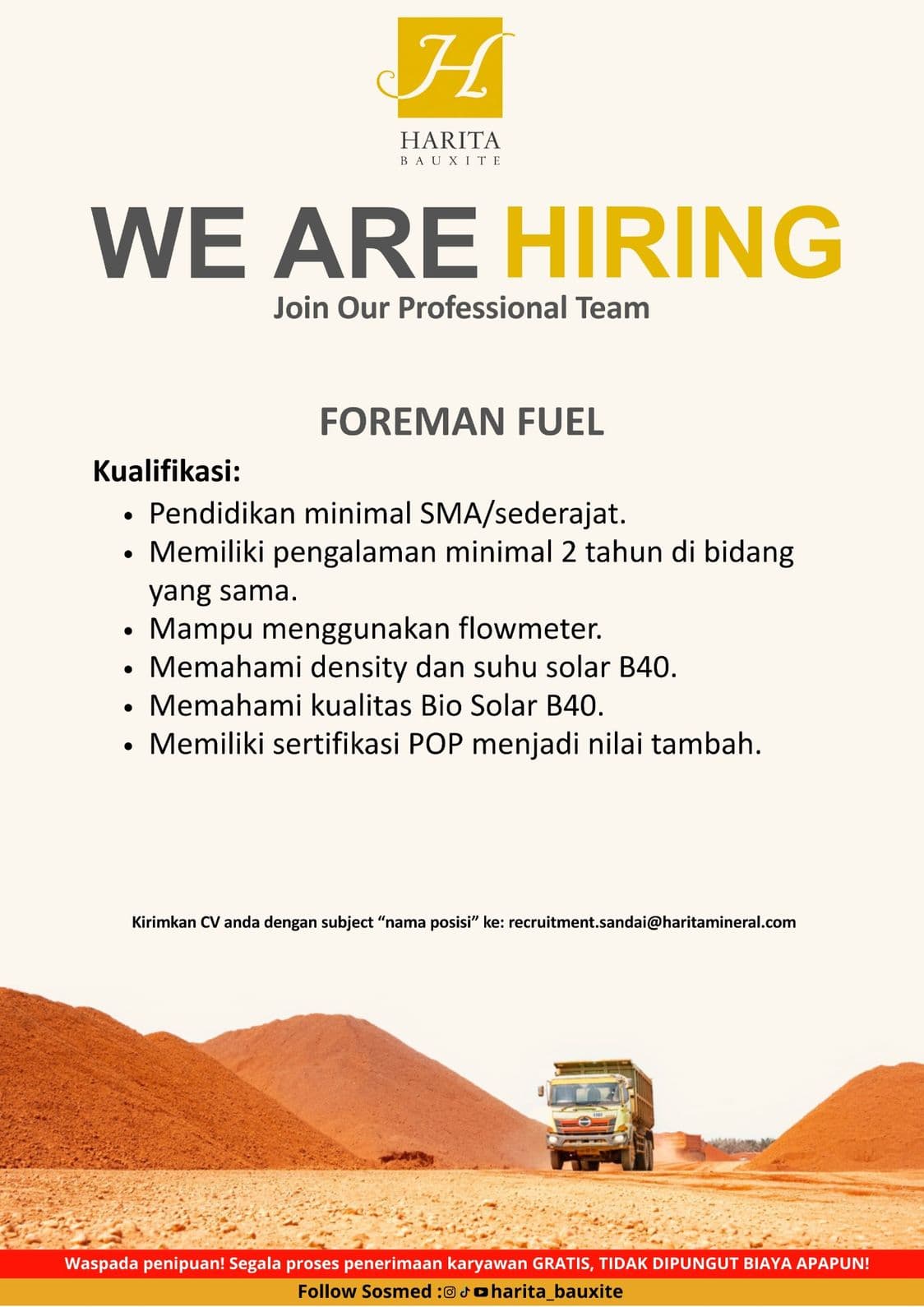 Flyer lowongan kerja FOREMAN FUEL di PT Cita Mineral Investindo Tbk, Sandai - Karir UNTAN bursa kerja Pontianak Kalimantan Barat