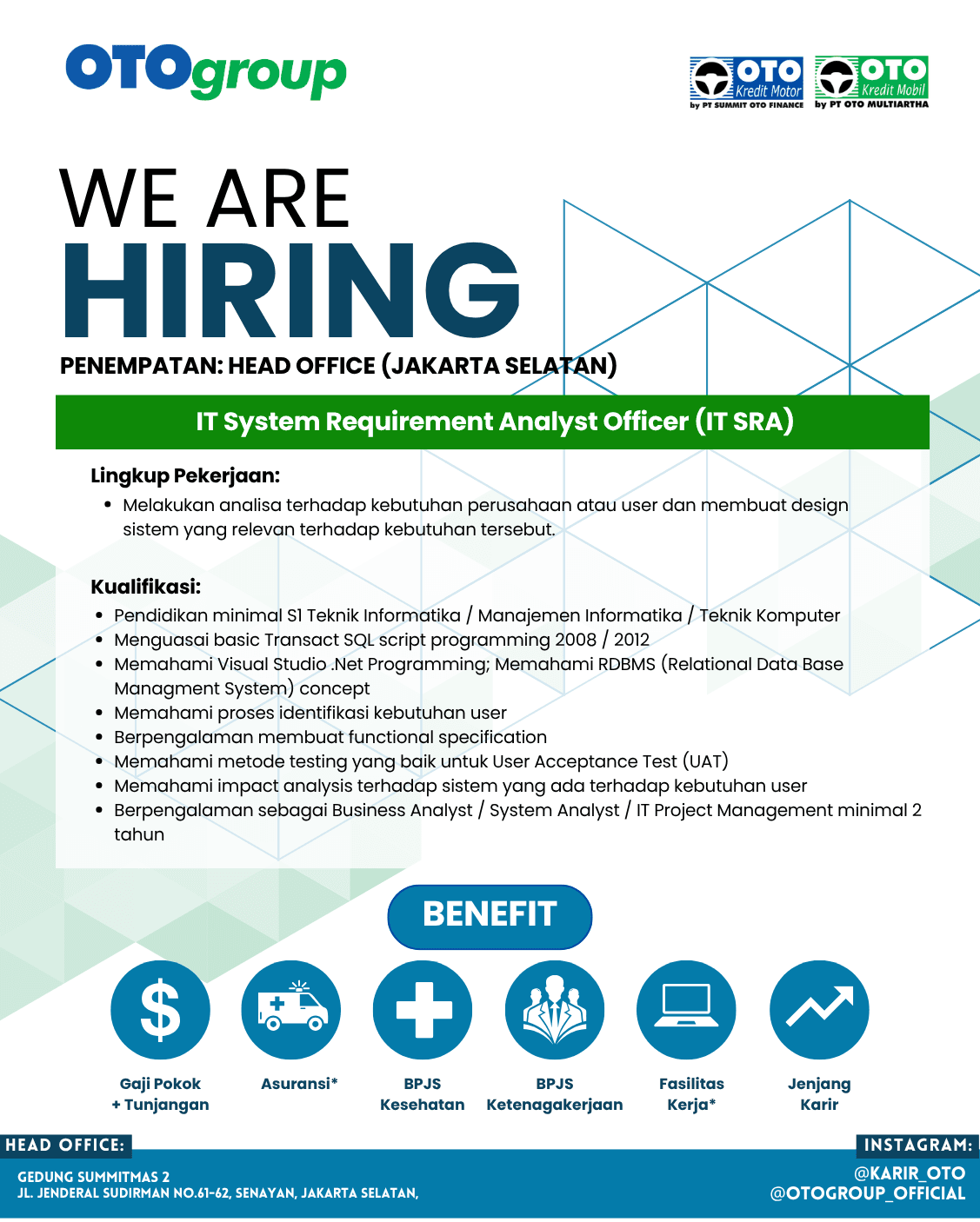 Flyer lowongan kerja IT System Requirement Analyst Officer (IT SRA) di OTO Group, Jakarta Selatan, DKI Jakarta - Karir UNTAN bursa kerja Pontianak Kalimantan Barat